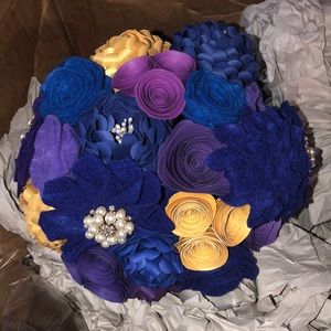 Paper and felt flowers, navy gold and purple